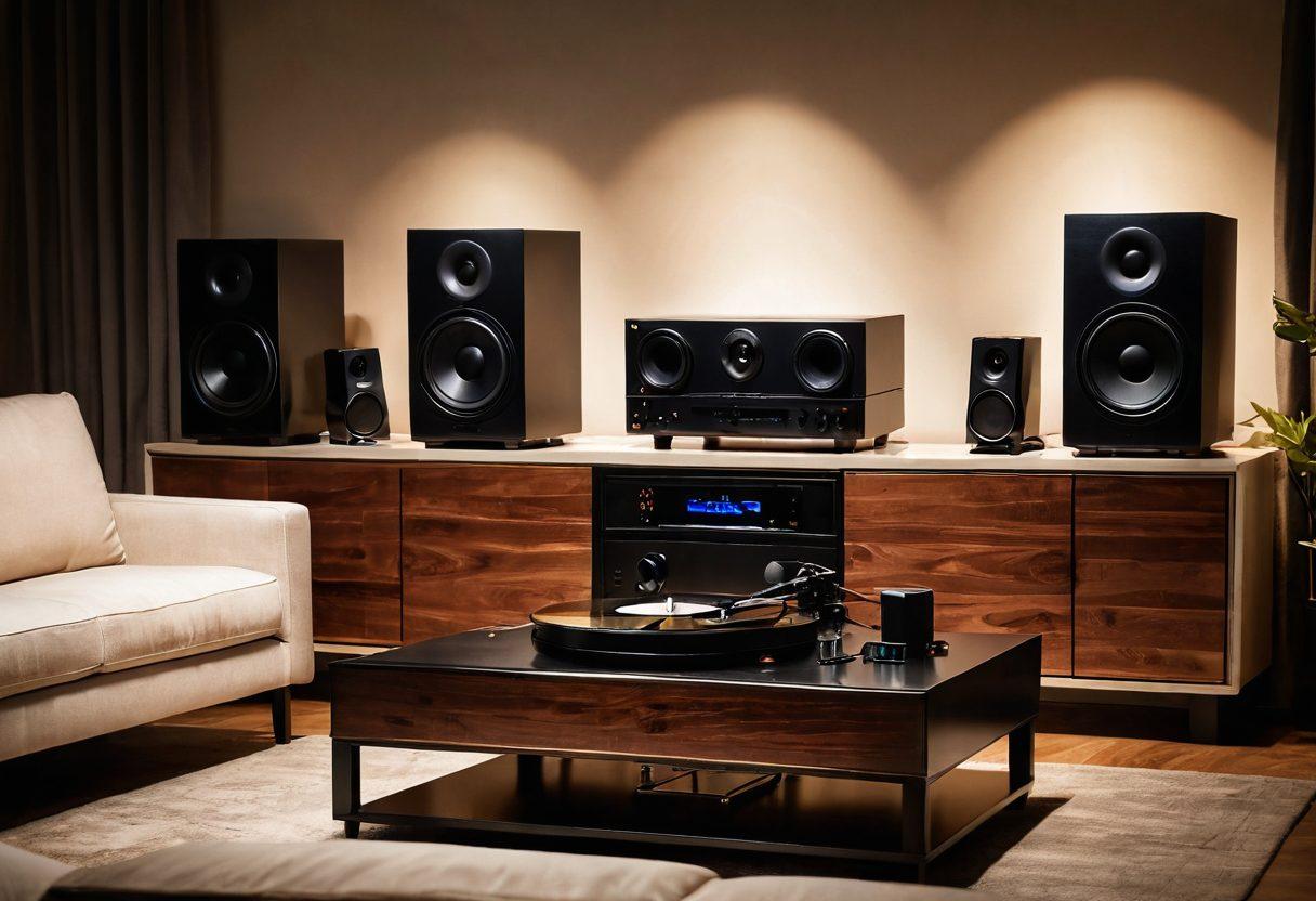 A luxurious audio setup featuring sleek premium headphones, an elegant amplifier, and high-end speakers, all set against a backdrop of soft ambient lighting. Include vinyl records and a turntable to emphasize the rich audio experience. Portray a serene home environment with plush sofas and stylish decor, inviting the viewer to immerse themselves in sound. super-realistic. warm tones. soft focus.