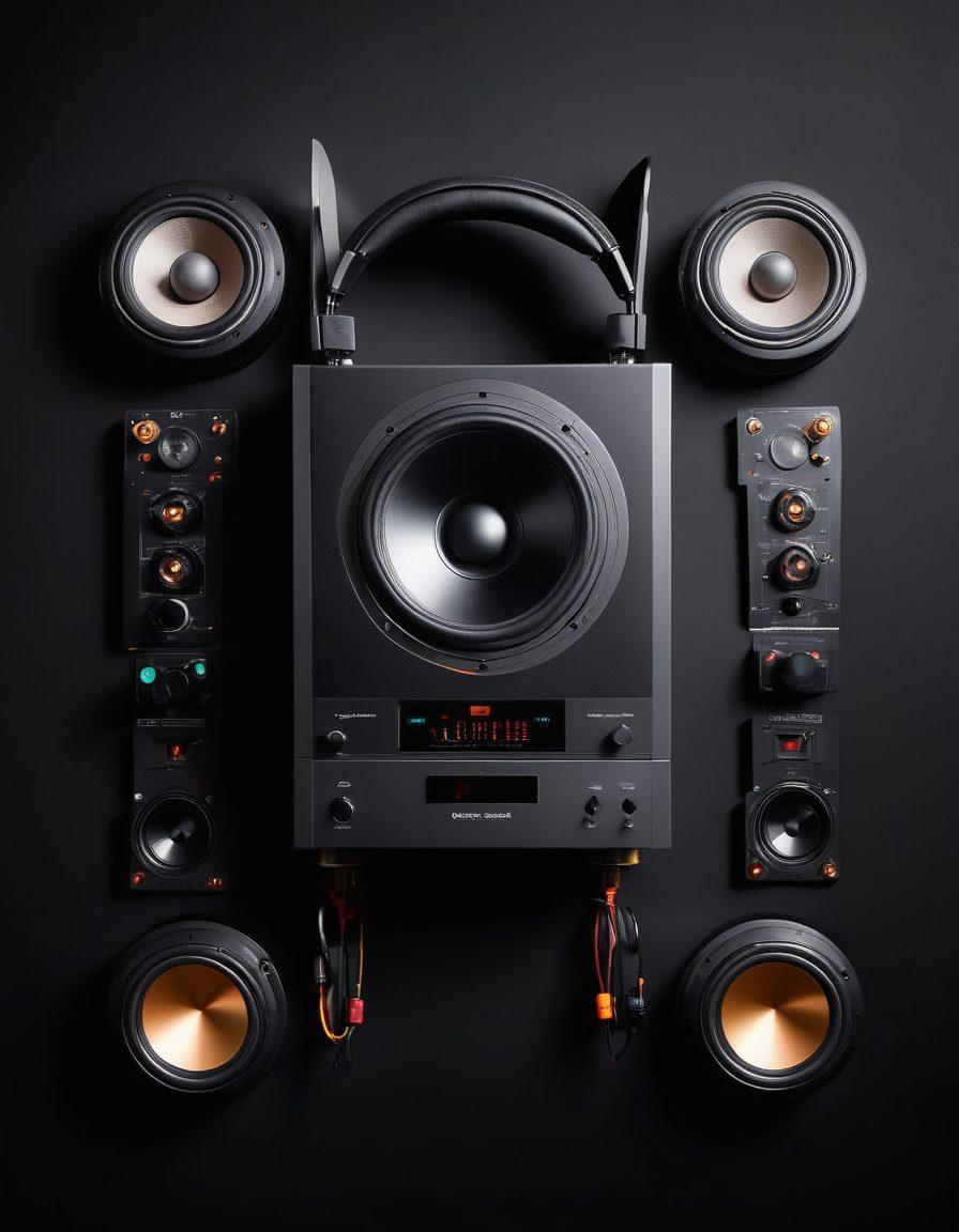 A visually striking flat lay composition featuring high-end audio equipment including speakers, headphones, and DACs, intricately arranged against a sleek black background. Include sound waves emanating from the speakers and a subtle glow effect to symbolize audiophile quality. In the background, soft bokeh lights suggest an atmospheric music environment. super-realistic. vibrant colors. black background.